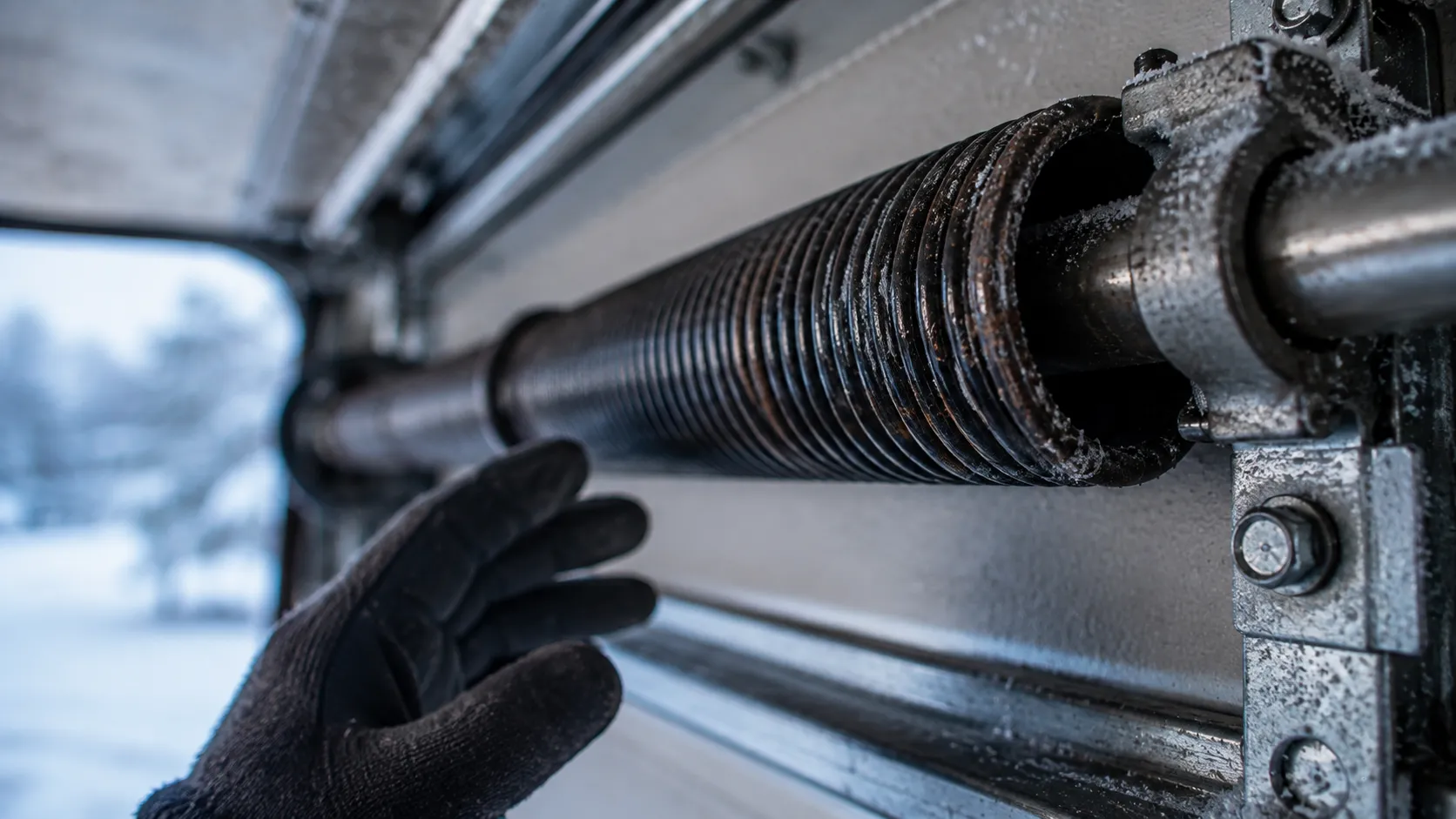 Garage door detail illustrating when a spring goes in cold weather