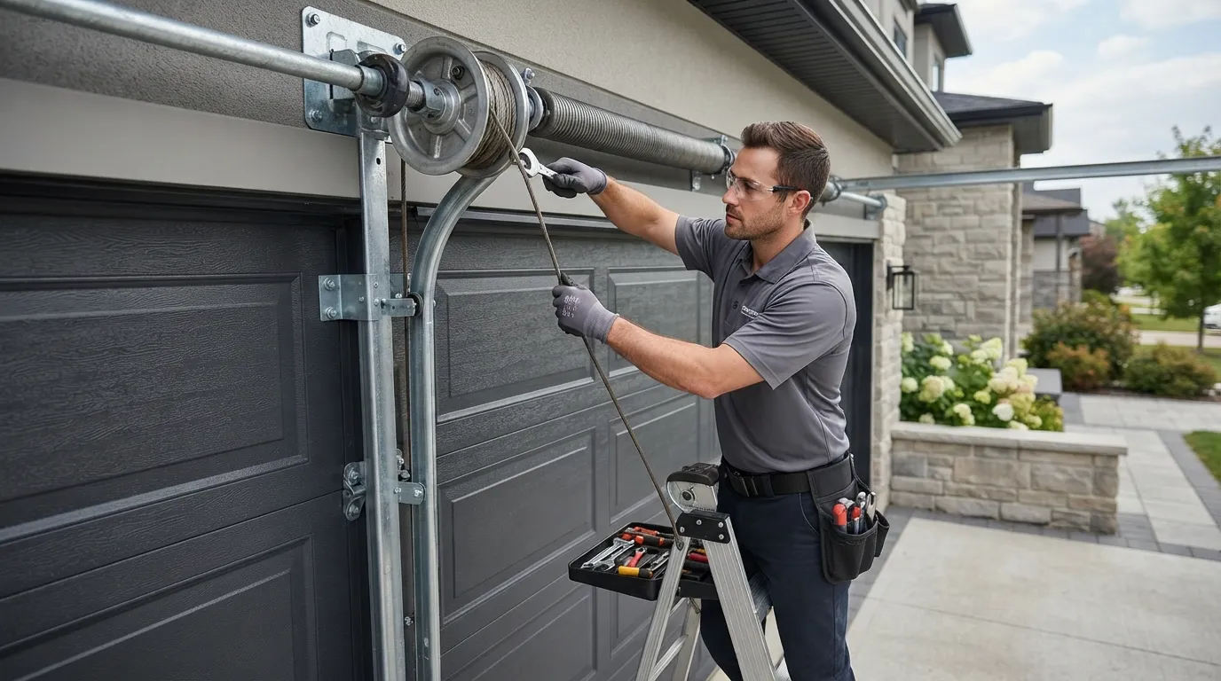 Garage door technician repairing an older residential garage door in Rochester New York