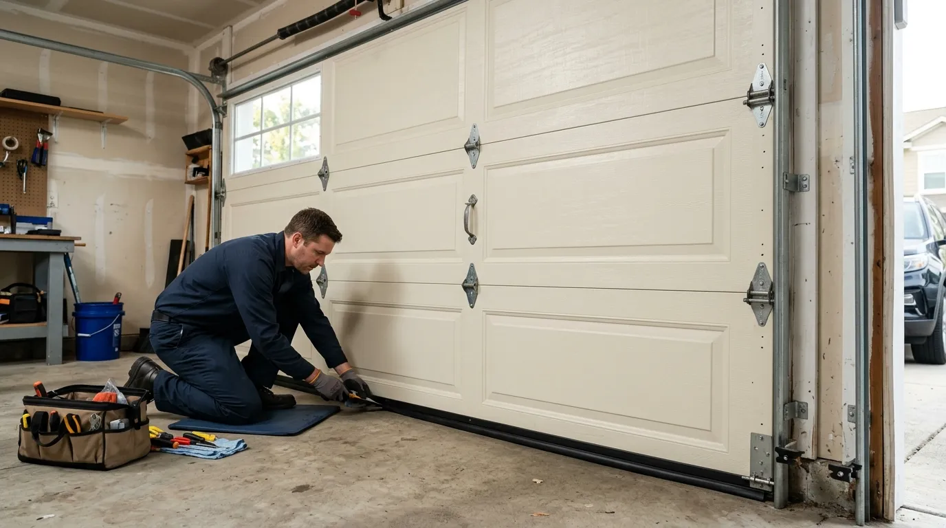 Garage door technician inspecting springs rollers tracks and opener